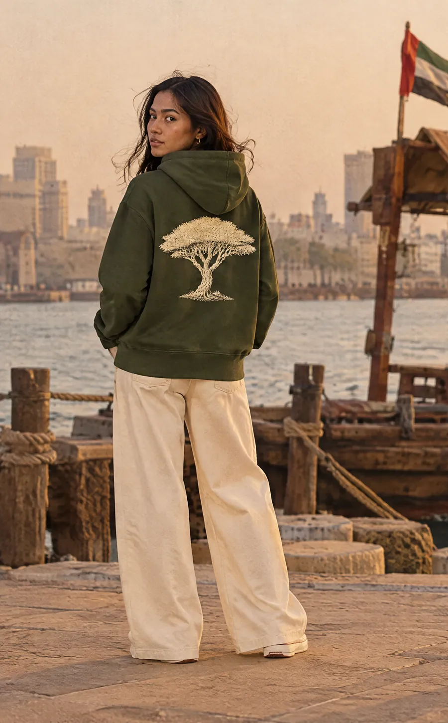 Ghaf Hoodie worn, The creek at sunset